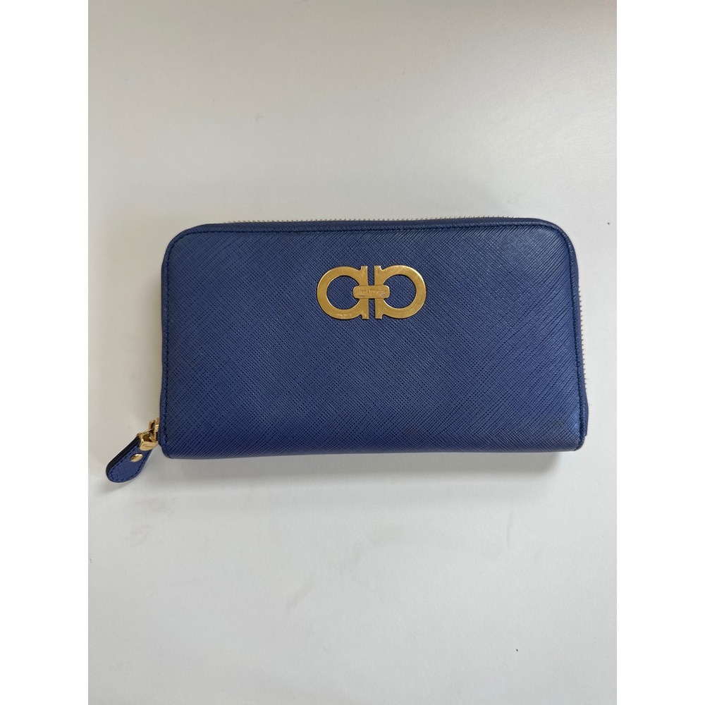 Salvatore Ferragamo Gancini Zip Around Wallet Blue Saffiano Leather Gold Logo